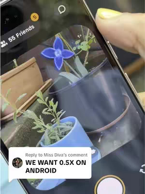The cover image showcases a phone being held, with a phone screen displaying a close-up view of a blue flower and some green plants in pots. A speech bubble displays the text overlay. The lower-left corner contains the comment under the picture.