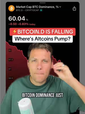 A man with short brown hair in a green shirt looks towards the camera. Overlayed on a graph of the market is a red bar with white text. At the bottom is text that says "Bitcoin Dominance Just".