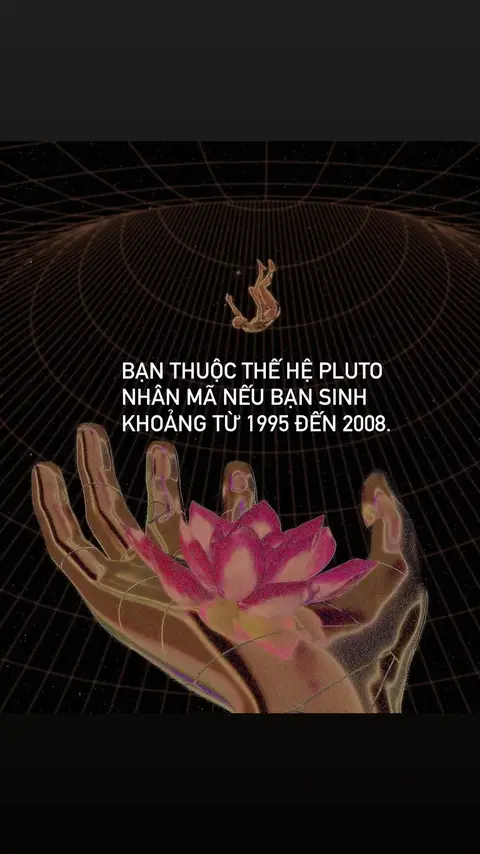 The cover image presents a surreal, cosmic scene. Set against a deep black background, it features a gold-toned hand reaching upwards, cupping a vibrant, pink lotus flower. Above, a stylized figure in silhouette appears to be falling through a network of gridlines, which create a sense of depth and a visual representation of space or a digital environment. Overlaying this scene is a text hook in Vietnamese.