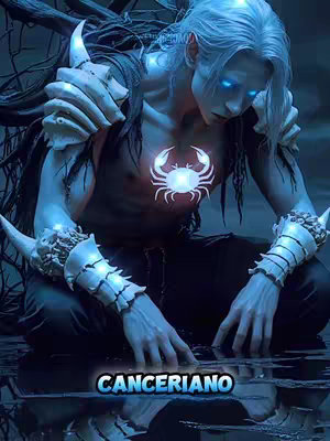 A digital illustration featuring a pale-skinned male figure in a reflective, watery environment. The figure is seated, with intricate armor-like structures adorning his shoulders and wrists. A glowing crab symbol is on his chest, with blue lights emanating from it and his eyes. The overall color scheme is dominated by cool blue tones, enhancing the ethereal, almost supernatural feel of the image. The text overlay at the bottom reads 'CANCERIANO' in a bold, stylized font.