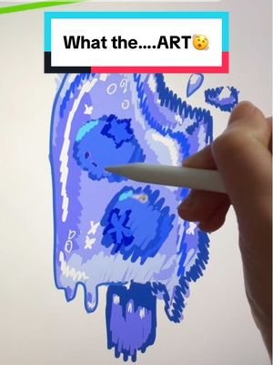 The cover image captures a stylized illustration of a fluid, blue substance with two large, blueberry-like shapes embedded within it. The artwork has a watery, melting appearance. A hand holding a white stylus enters the frame, likely to interact with the digital art on the iPad screen. The background is a clean white.