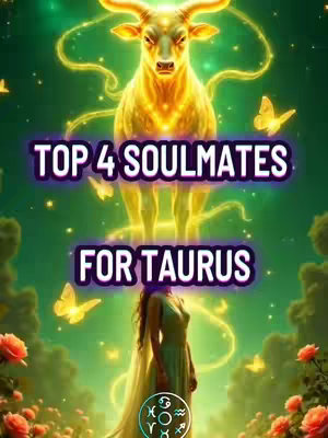 The cover image features a digitally created scene set against a dark green backdrop filled with bright floral elements. At the center of the composition is a golden bull figure. Above it is a text overlay that reads 'TOP 4 SOULMATES FOR TAURUS'. In the lower part of the image, there is a female figure with long hair wearing a dress and standing, with a symbol at the bottom.