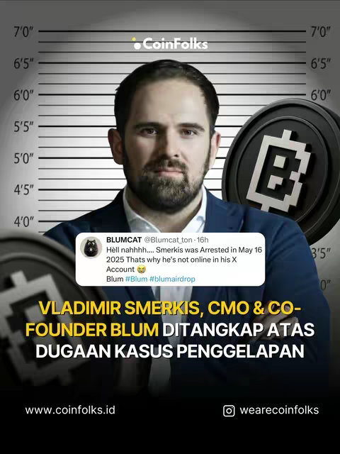 A news graphic with a man in a mugshot setup, behind a height chart. The man, Vladimir Smerkis, is the focus. There are overlayed elements including the CoinFolks logo, a tweet, and text detailing his arrest and the alleged financial crimes. The background is a blurred out police station style background.