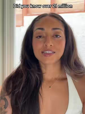 A woman with long, dark hair and a white top is looking directly at the camera. Over her head and a text overlay in white reads, "Did you know over 21 million."