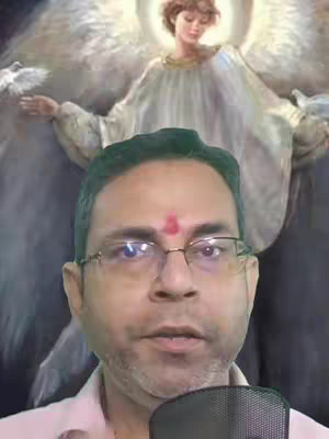 The cover features a man centered, wearing glasses and a pink shirt, positioned over a background depicting a radiant angel with outstretched arms. The angel is a light-skinned woman with flowing white robes and large wings emitting light. The overall composition blends modern portraiture with spiritual iconography.