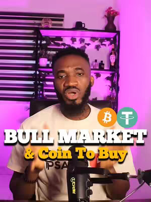 A man with a beard looks directly at the camera, the background shows a room with shelves and a window. Overlayed text announces the topic: "BULL MARKET & Coin To Buy". Symbols for Bitcoin and USDT are also in the image.