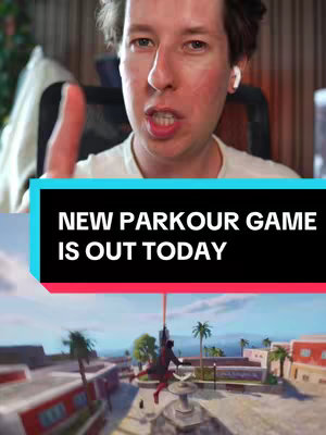The cover image is a vertical video frame, with a split composition. The upper half features a light-skinned man with short, somewhat messy brown hair, looking directly at the viewer and speaking. He's wearing a white t-shirt and has a white earbud in his right ear. Behind him is a blurred background, possibly a room. Covering the lower half of the image is a screenshot of an action video game, most likely a parkour game with a brightly lit outdoor setting, clear sky and a single player character.