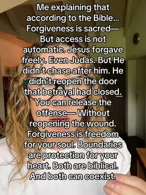 A woman with curly blonde hair and glasses is centered in the frame. Text overlays describing forgiveness and boundaries against a soft, blurred background. The composition resembles a casual selfie with text.
