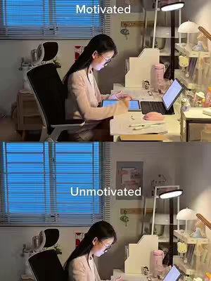 The cover image shows two scenes split horizontally, depicting a woman at her desk. The top half shows her working with motivation, illuminated by bright lights. The bottom half mirrors the scene but represents demotivation with dimmer lighting. The text overlays, "Motivated" and "Unmotivated", label each scenario.