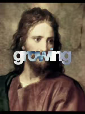 The image presents a portrait of Jesus, rendered in a classical style with a warm, earthy color palette dominating the scene. The central figure is depicted with long, flowing brown hair, a beard, and a serene facial expression. Overlaid on his image is the word 'growing' in a white font with a transparent effect, allowing portions of the background to be seen through the letters. The overall composition suggests a religious or spiritual theme, enhanced by the classic artistic style and the message provided by the overlaid text.