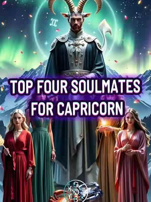 Cover image of video featuring a digitally illustrated image of a man with goat horns in the center, dressed in elaborate clothing. The background features a blurred aurora borealis and celestial elements. Four female figures, dressed in various gowns, stand on the base of the Capricorn figure. Text overlay reading "TOP FOUR SOULMATES FOR CAPRICORN" adds context, and the entire composition carries a mystic and astrological theme.