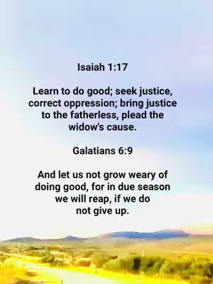 The image displays a serene outdoor scene with a clear blue sky that fades into lighter hues. The foreground features a rolling landscape with hints of green vegetation and a winding road. Overlayed on this natural backdrop are two sets of Bible verses in a simple, readable font. The text is centered and presented to be easily read.