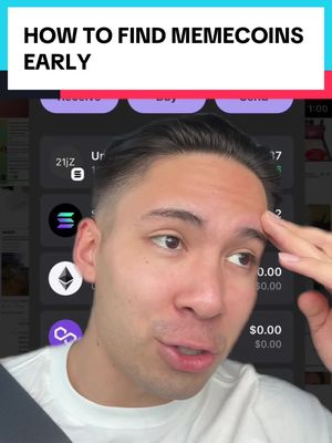 A selfie style shot with the creator, a man with short dark hair, in the foreground. He is looking slightly off camera to the right, and has one hand raised near his forehead. Behind him, displayed on a screen that’s partially visible, is a mobile app interface with cryptocurrency symbols. At the top of the image is a banner in a bright pink color with the text "HOW TO FIND MEMECOINS EARLY". The overall lighting appears natural and bright, with the man wearing a casual white shirt.
