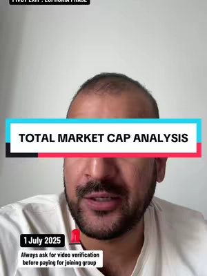 A selfie-style shot featuring a man wearing a white shirt, framed from the chest up. Overlaid on the image is a series of text boxes. The central, prominent text reads "TOTAL MARKET CAP ANALYSIS" in bold white letters, set against a light blue and red background. Additional text at the bottom indicates "1 July 2025" with a small red alert symbol next to it, and another line of text provides a warning about verifying video content.