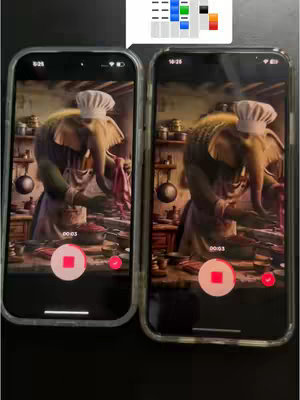 Two smartphones side-by-side showing an image of an elephant chef in a kitchen, with the same image displayed on both screens. The image features a digital drawing of a chef elephant in a white chef's hat and apron,  red and white checkered cloth. A speech bubble with shapes is displayed. The background consists of shelves with kitchen utensils.