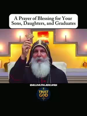 The cover image shows a man in religious attire holding a cross above his head, offering a prayer. The man is positioned in front of a brightly lit background. The text overlay on the image promotes a prayer of blessing for different people.