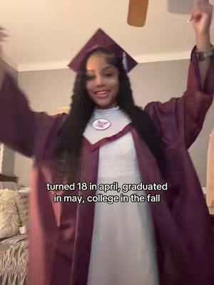 A young woman in a graduation gown and cap joyfully raises her arms, celebrating her achievement. The background suggests an indoor setting. A text overlay provides information and details.