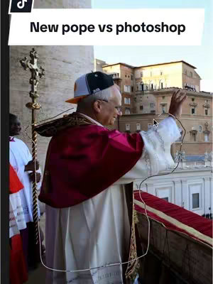 The image shows a photo of the Pope wearing a New York Yankees baseball cap, and the text 'New Pope vs photoshop' is shown in a white box over the image. The background shows buildings and clear sky.