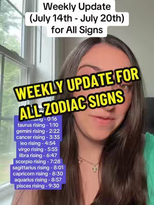 The cover image features a woman, centered and looking at the camera, framed against a window. Above her, large text reads 'Weekly Update', while a smaller text block below specifies the date range. A bright yellow banner with text overlays her forehead area. Below, a list of astronomical events is presented in a purple box on the lower left, with timings next to the names.