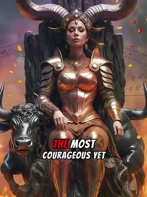 The image showcases a regal woman, likely a celestial figure, seated on an ornate stone throne. She's draped in golden armor with an elaborate headdress, adorned with a gem, symbolizing wealth and strength. She has a serene expression, eyes closed in a moment of contemplation. Behind her, a bull's head forms the chair's back, reinforcing the Taurus zodiac theme. Dark, textured elements on the throne provide contrast to the golden attire. The top of the image depicts a soft, blurred background of colors, suggesting a celestial or ethereal setting, and has  a hook overlaid.