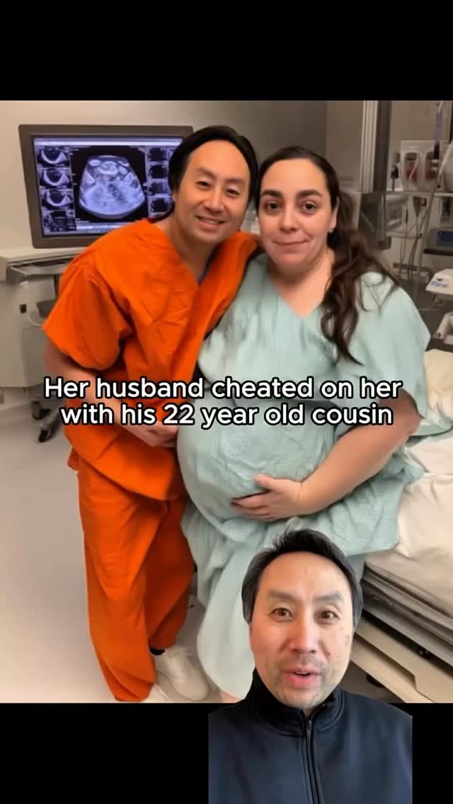 The cover image displays a split screen, with the upper half showing a man and a pregnant woman in what seems to be a hospital setting. The lower part shows the face of a man looking directly at the camera. The foreground man is wearing an orange garment and smiling. The background features medical equipment and a monitor displaying a medical image. The overlaid text in the center reads, 'Her husband cheated on her with his 22 year old cousin'.
