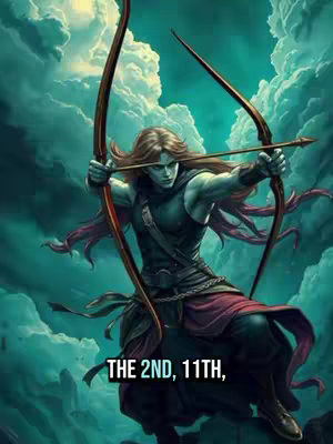 An illustration of a figure with long, flowing hair and green skin, aiming a bow and arrow. The background is a cloudy cyan sky. Text overlayed at the bottom reads "THE 2ND, 11TH".