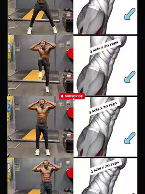 The cover image is a vertical collage showing a man performing different exercises. The image is divided into a grid. On the left, four frames show a man in activewear with a bare torso performing similar ab exercises. On the right, the same images with muscle illustrations, arrows, and text overlays explaining the set and reps. The overall aesthetic is clean and informative, with a clear focus on demonstrating the exercises.