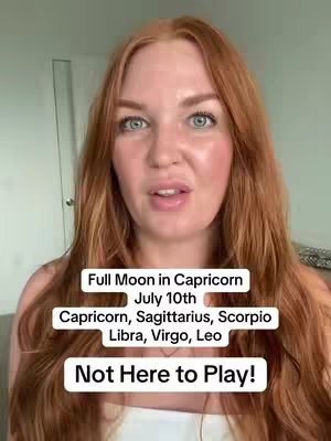 A woman with long red hair and fair skin is looking at the camera. Text overlays appear at the top and bottom mentioning astrological data.