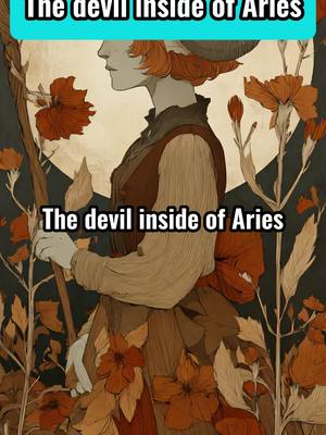 An artistic image featuring a vertical composition. A woman with fair skin and fiery red hair is depicted in profile, wearing a tan top, a brown vest, and a dark collar. She holds a wooden staff. The background shows a large, pale circle, perhaps a moon or the sun, behind her. Flanking her are stylized floral arrangements that resemble autumnal foliage, in shades of orange, brown, and beige. Two text overlays frame the image, using white text on teal and black backgrounds.