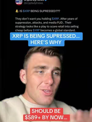 A man with short blonde hair and a light colored shirt looks towards the camera with a neutral expression. Overlayed on the image are text boxes with information about XRP.