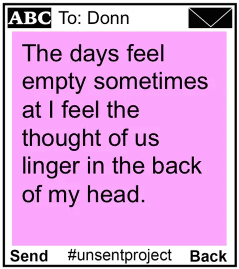The cover image is a digital note styled as a text message on a phone. The background is a bright pink color, and a black border outlines the note. The top has 'ABC' box, the recipient 'Donn' and a black envelope indicating a new message. The main body of the note contains the text: 'The days feel empty sometimes at I feel the thought of us linger in the back of my head.' Below the message, 'Send', '#unsentproject', and 'Back' are visible. The text uses a simple sans-serif font in black, arranged neatly within the pink background. The composition creates a sense of a personal, emotional message.