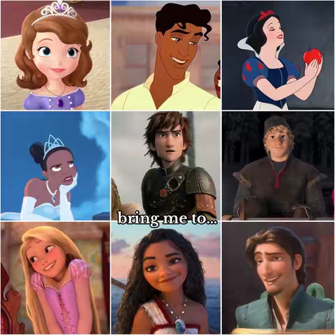 A collage of animated Disney character images arranged in a three-by-three grid, with a central text overlay that reads 'bring me to...'. The characters include Sofia, Prince Naveen, Snow White, Tiana, Hiccup, Kristoff, Rapunzel, Moana, and Flynn Rider. The overall composition is bright and colorful, drawing on the distinct visual styles of these animated films.