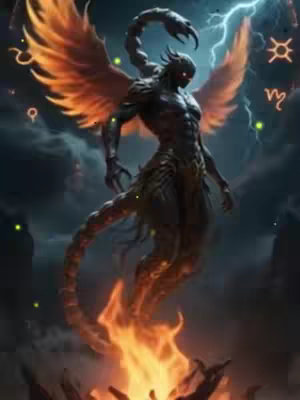 A digital illustration depicting a humanoid scorpion-like creature with fiery orange wings and a scorpion tail. The figure stands in a dramatic pose amidst a dark, stormy background with lightning. A fire burns at the base of the image and various astrological symbols float in the background.