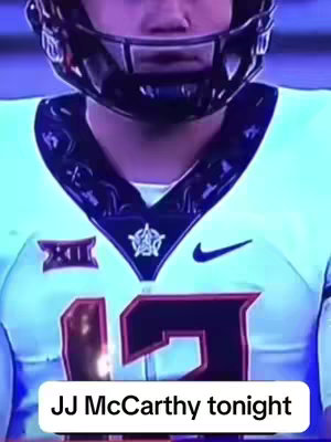 The cover image shows a close-up of a football player wearing a helmet and jersey. The player is seen from the chest up, the jersey displaying the number 13 in large maroon letters. A white box at the bottom contains the text, "JJ McCarthy tonight".