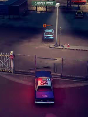 An overhead view of a video game screen shows a police car with flashing lights driving towards a gate, with the sign "CARVER PORT" above. The scene is set at dusk or night, with a muted color palette. Other vehicles and buildings are in the background.