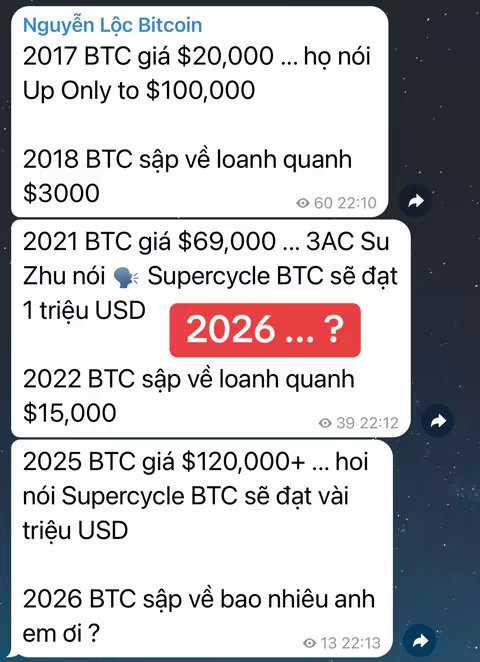 The image is a screenshot of a chat conversation discussing Bitcoin prices and potential future price predictions. The background is a dark, blurry pattern. The text is arranged like a chat, with several messages from one user detailing Bitcoin's price history from 2017 to 2026. A red box with the text "2026...?" is highlighted in the center. The image is designed with information about Bitcoin price history.