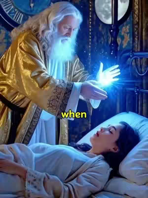 A digital illustration shows an older man with a white beard and long white hair, dressed in golden clothing, and holding out his hands with glowing, blue light coming from them. He's positioned above a sleeping woman lying in a bed, who appears to be under the effects of the blue light. The setting is a dimly lit room with a moon-shaped object in the background.