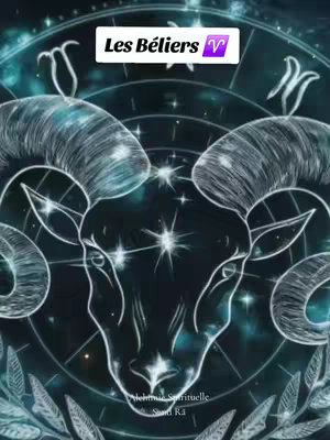 The image features a stylized illustration of an Aries ram's head at the center with large, curved horns. It is a close-up view set against a backdrop of celestial and geometric patterns. The overall color palette is dark, predominantly blues and greens, with the ram's head rendered in a lighter, almost ethereal, white or light-blue outline. The layout is symmetrical, creating a sense of balance, with the horns prominently displayed and a circular framing element in the background. Text in a white rectangular banner reads "Les Béliers", with an Aries symbol in a purple square next to it.