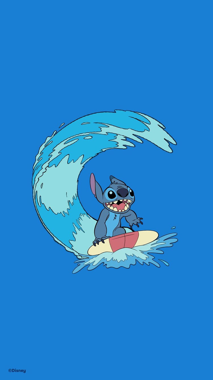 The image features the cartoon character Stitch surfing a wave. Stitch is blue with large ears and is standing on a yellow and red surfboard. The wave, arching over him, is a light turquoise outlined in a darker shade, suggesting motion. The background is a solid light blue.