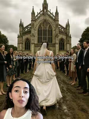 The image features a bride in a wedding dress walking away from the camera. She is walking towards a large cathedral-like building with a group of people lined up on either side of her. In the foreground, there's a head and shoulders shot of a woman with dark hair looking at the camera. Text is overlaid on the image.