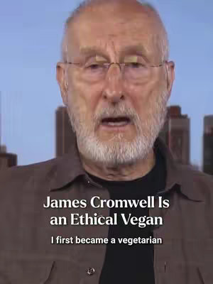 The cover image features James Cromwell with text overlays. He is captured from the chest up, set against a blurred background that suggests a cityscape or building exteriors. Cromwell, with a shaved head, rimless glasses, and a distinguished white beard and eyebrows, is wearing a dark t-shirt under a brown jacket. The lighting appears moderately bright, focusing on his face and upper body. Text overlays include the title that reads "James Cromwell Is an Ethical Vegan" in a clear sans-serif font. Below this is another line, "I first became a vegetarian."