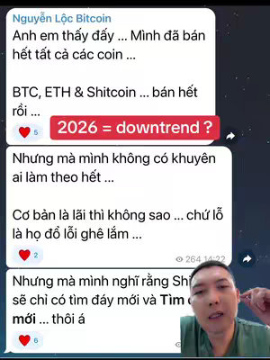 The image is a screen capture of a chat interface with a male creator positioned in the bottom right corner. The background is gradient-like, moving from white to a darker tone. The main part of the screen is filled with text bubbles, simulating a conversation. A rectangular element in red with white text reading "2026 = downtrend?" is prominently placed in the center and serves as the hook.