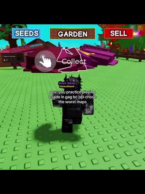 The cover image is a screenshot from a Roblox game. The background is a green grid-like pattern. In the foreground, a black blocky character is visible, appearing to be controlled by the player. The character is facing away from the camera. Overlaid on the image are UI elements from the game, including buttons labeled 'SEEDS', 'GARDEN', and 'SELL' at the top. In the center, a large white hand icon hovers over the in-game character, accompanied by the word 'Collect'
