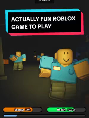 The image shows a dark, dimly lit scene from what appears to be a video game. Several blocky, humanoid figures in various poses are visible, suggesting a game environment. The characters wear simple blue shirts and have blank, yellow heads with black smiley faces, common in Roblox-style games. A hook-shaped text box in the upper part of the image displays the words 'ACTUALLY FUN ROBLOX GAME TO PLAY'. At the bottom of the image, there are two bars. One bar says 'Energy: 77%', and the other says 'Health: 70/100'.