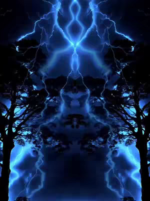 A digitally created image featuring a mirrored composition of stylized trees flanking a central vertical axis. The background is a dark blue, and streaks of electric blue emanate from the top, creating a symmetrical lightning-like effect. The trees are dark, silhouetted against the bright blue.