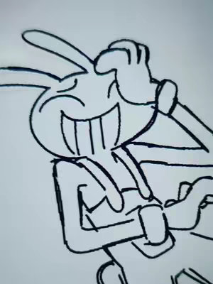 Image depicts a black and white line art of a cartoon bunny character, Jax, from 'The Amazing Digital Circus'. The character is in a laughing pose, with one hand covering its mouth and eyes closed. The style is reminiscent of a sketch, with simple line work giving it an animated look.