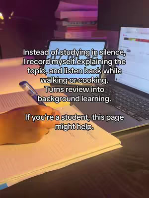 The image captures a study environment with a laptop and a notebook in focus. The notebook is open, with a hand holding a pen poised over its pages. A laptop is open in the background, displaying an active screen. Text overlays are present, offering study tips. The color scheme has warm hues as the primary colors providing a sense of focused learning and activity.