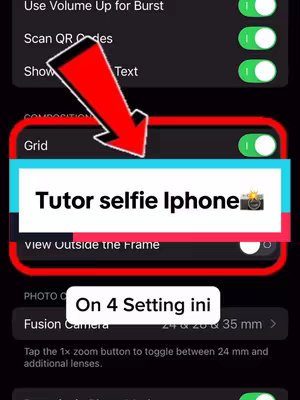 The image is a screenshot of an iPhone's settings. At the top, there's a dark background with several settings toggles. A bright red arrow points toward the center, where a light blue rectangular box sits, overlaying the settings and highlighting settings options. Inside it reads "Tutor selfie iPhone" with a camera emoji. Below the box are more settings, with a white bar that reads "On 4 Setting ini". The overall layout is designed to guide users through the iPhone settings for a specific function.
