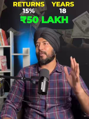 A man wearing a black turban and a plaid shirt is speaking into a microphone. Behind him, there's a backdrop of money and a shelf with books. Text overlays provide financial information.