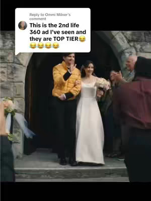 A wedding scene with a man in a yellow jacket and a woman in a wedding dress. The text overlay is a comment bubble with a comment about life360 ads.